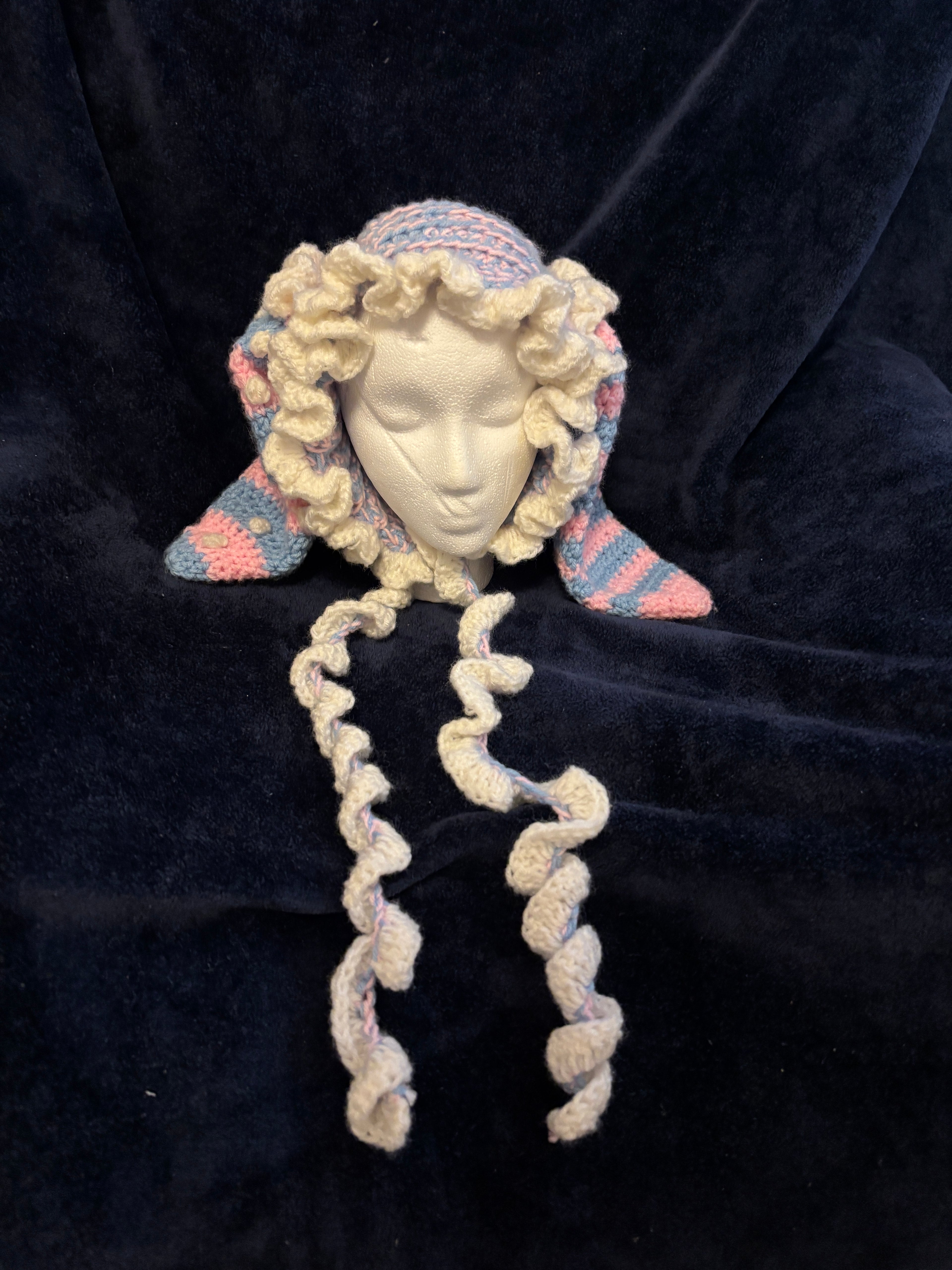 Jester style crochet bonnet