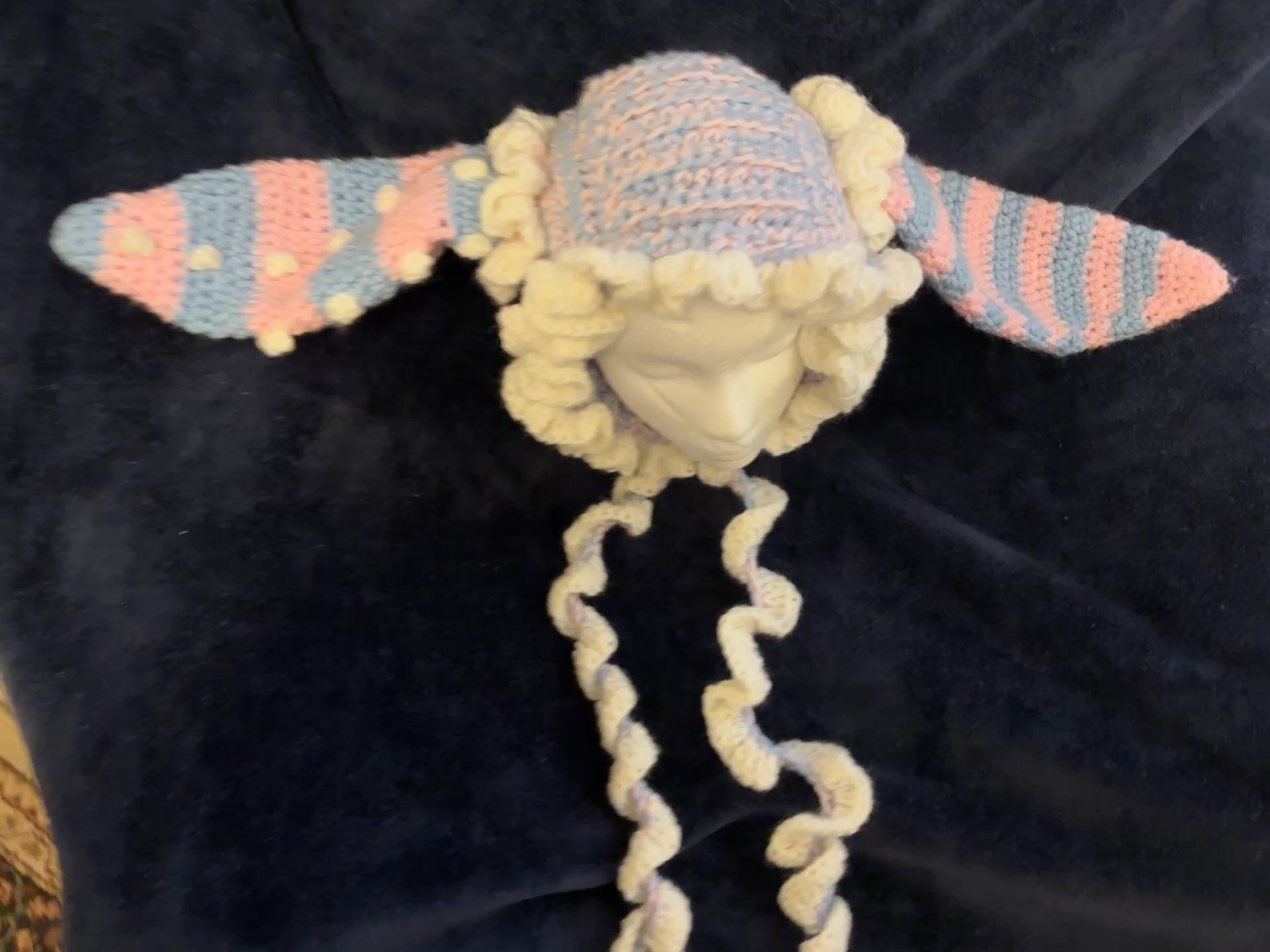 Jester style crochet bonnet